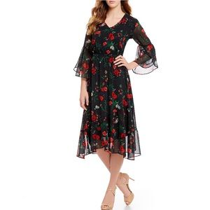 Gibson Latimer Bird Floral Bell Sleeve Midi Dress